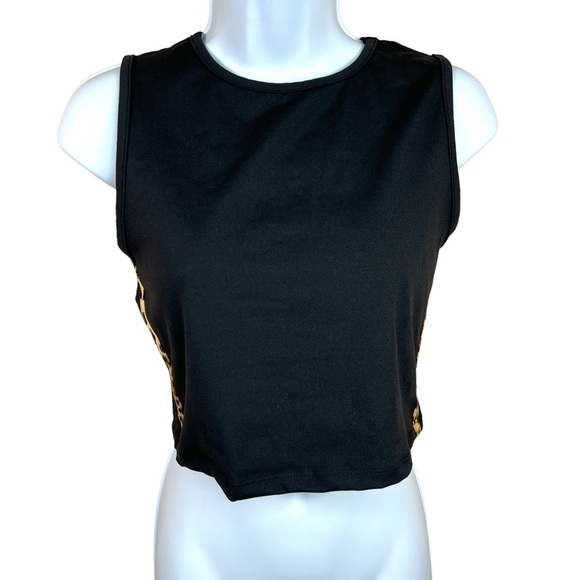 Large EVCR Black Leopard Print Crop Top Athletic Activewear Stretch - Picture 1 of 8